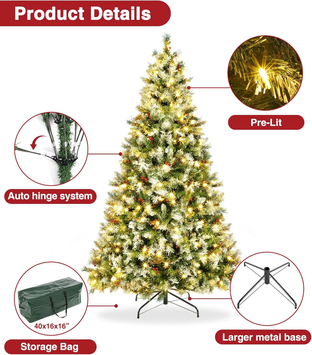 Árbol de Navidad artificial preiluminado de 6 pies, pinos de Navidad con 250 luces blancas cálidas, 818 puntas de rama, 58 bayas, bolsa de