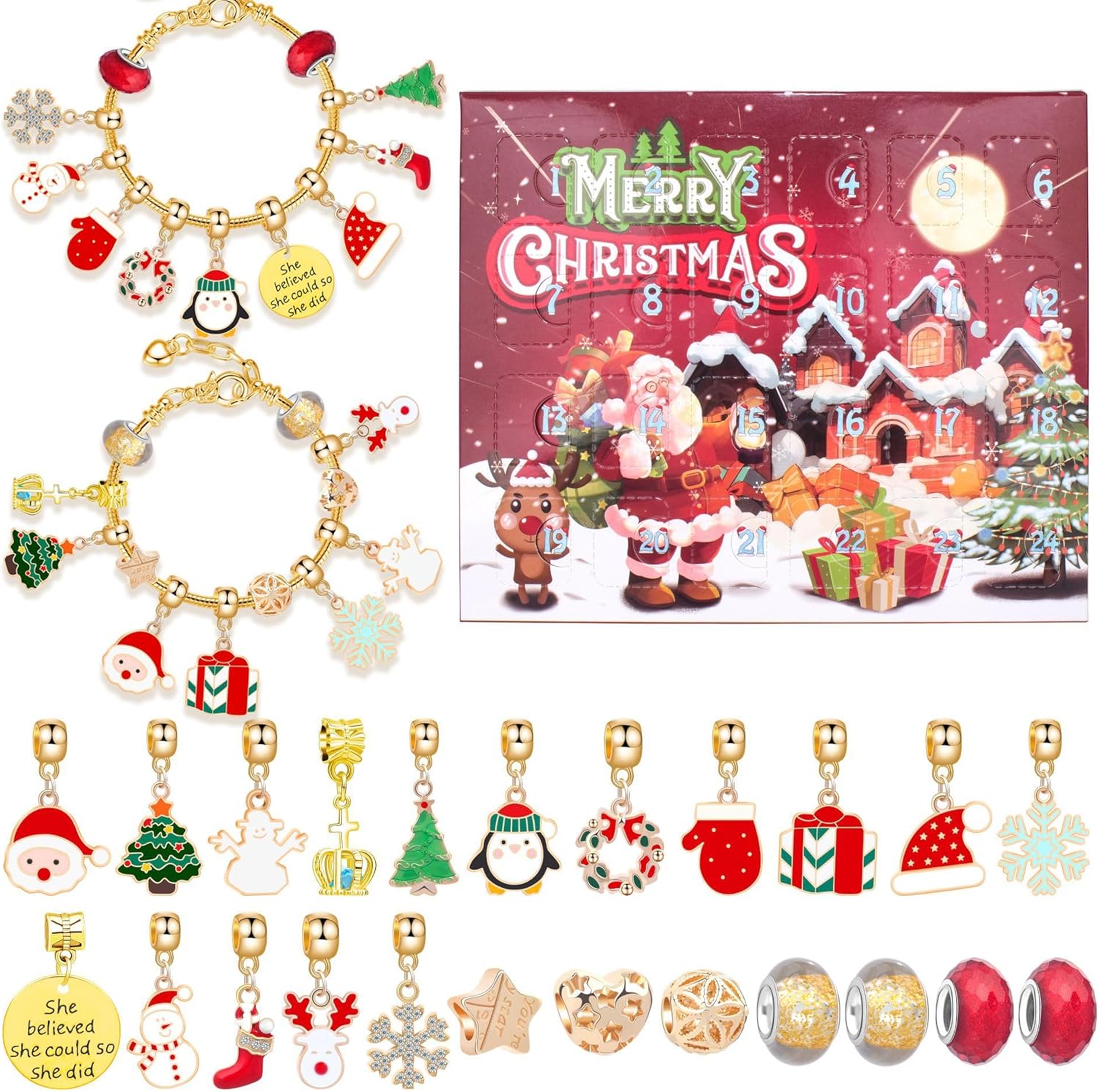 Calendario de Adviento de Navidad para niñas, calendario de cuenta regresiva de 24 días, juego de pulseras de bricolaje para hacer joyas, regalo