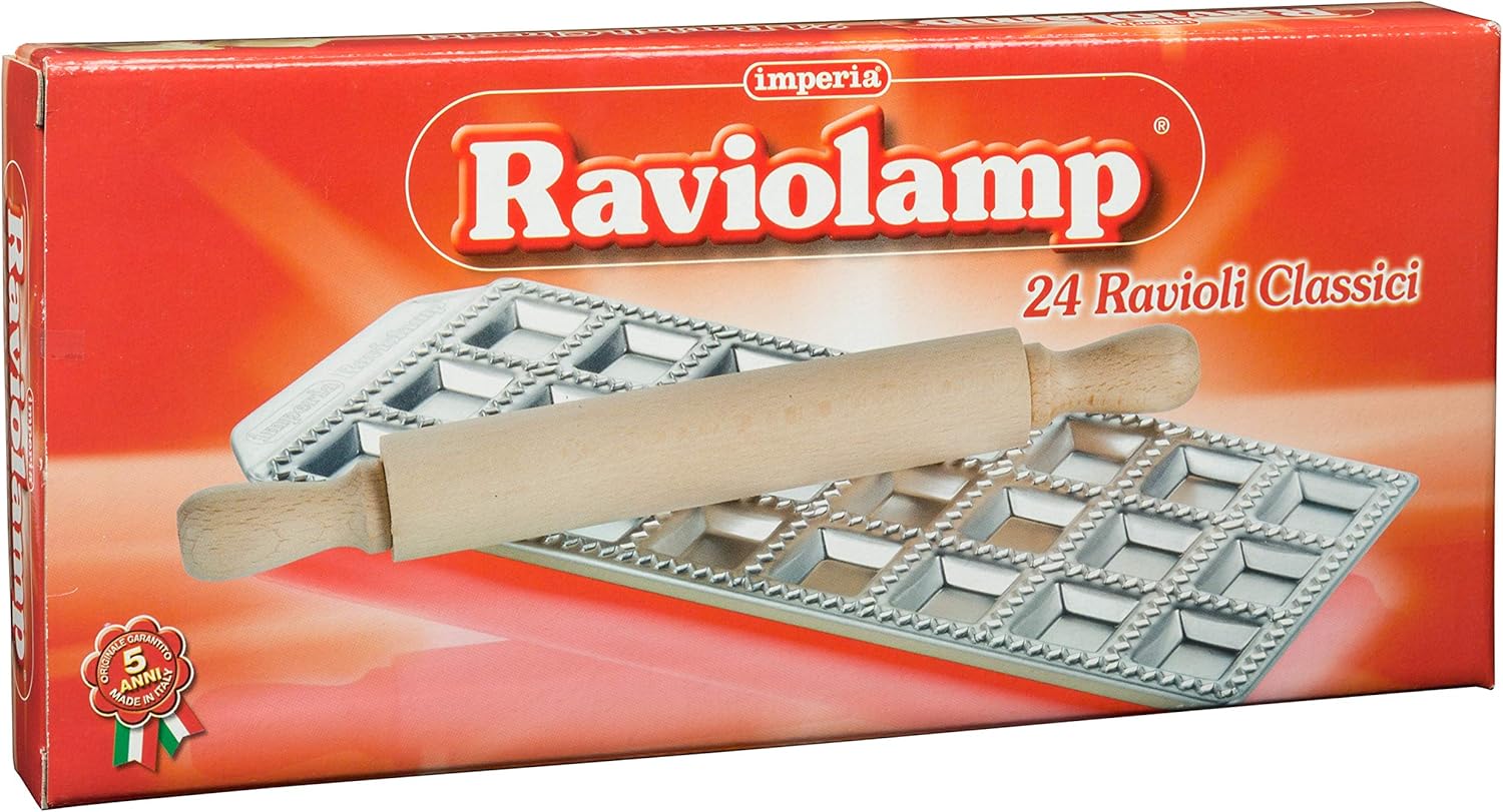Imperia – Bandeja de mini ravioles con rodillo de madera – Acero inoxidable italiano – Hace 24 mini cuadrados (127-24) – Accesorio para hacer pasta