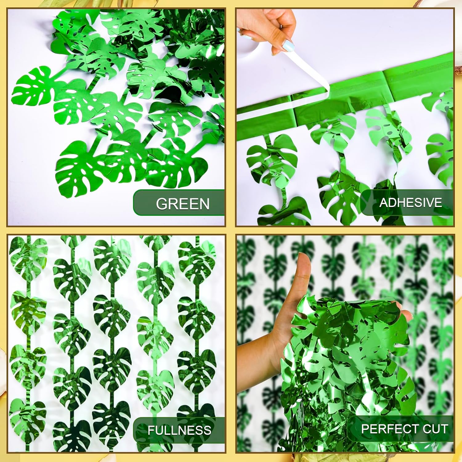 Decoraciones tropicales para fiestas, paquete de 2 unidades, diseño de hojas de palmera tropicales verdes, 3.3 x 6.6 pies, cortinas de flecos de