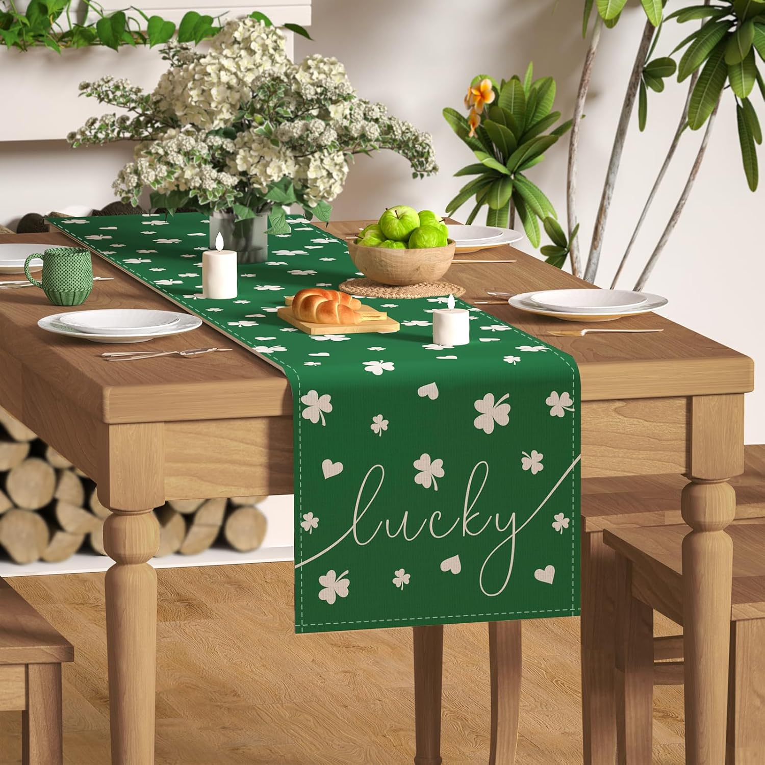 Camino de mesa del día de San Patricio, camino de mesa de trébol de la suerte verde para cocina, comedor, decoración de primavera del día de San
