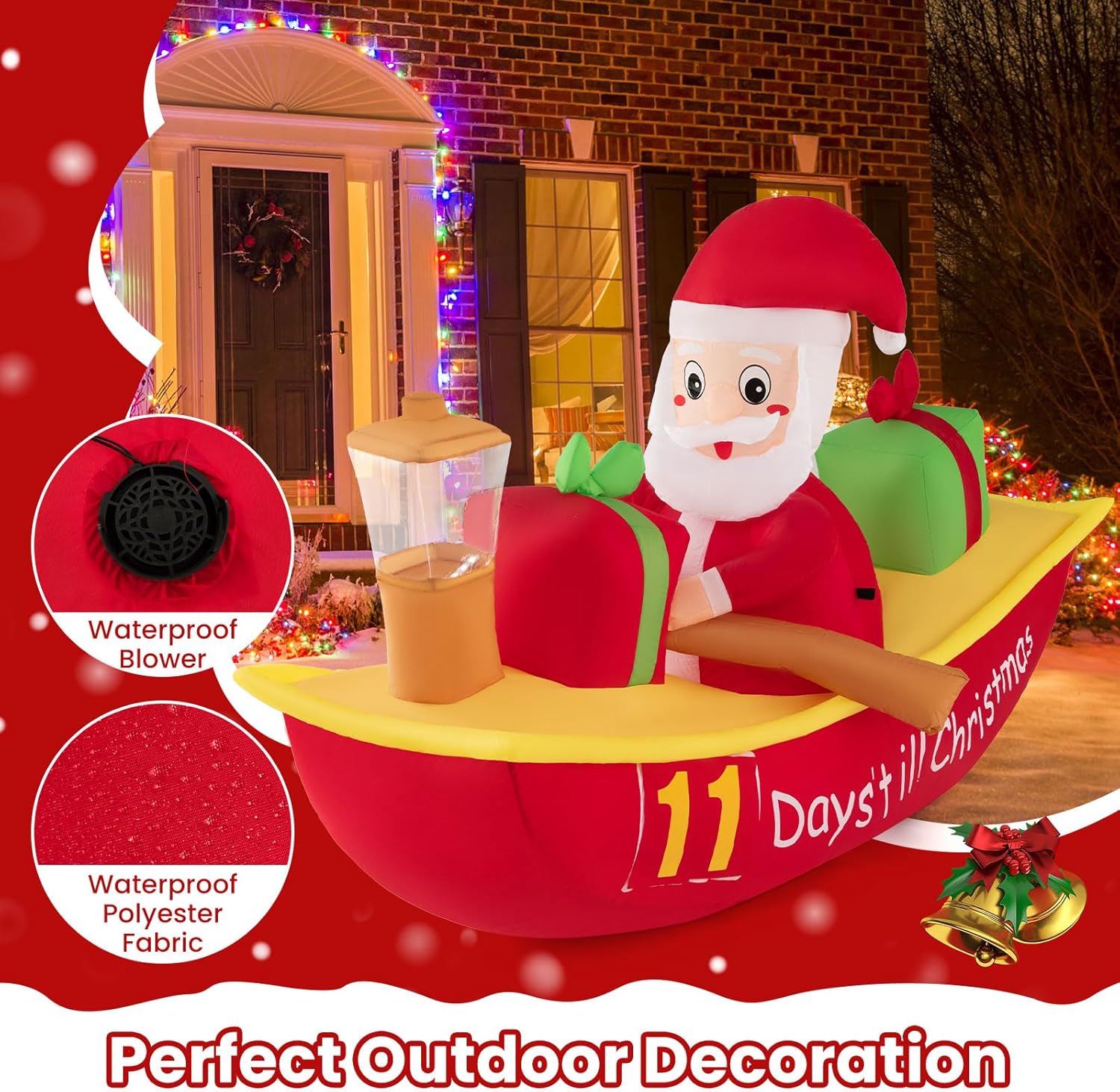 Tangkula Barco inflable de remo de Papá Noel de 7 pies con luz de navegación, cuenta regresiva para Navidad, decoración iluminada al aire libre con