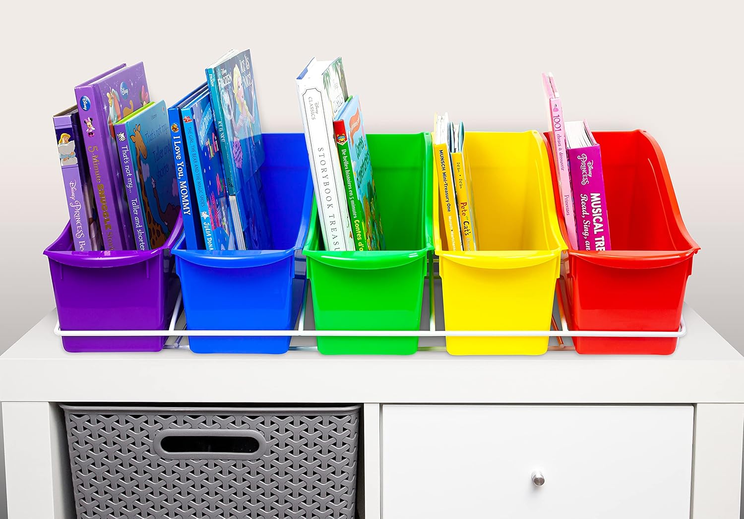 Storex Juego de 5 contenedores grandes para libros, estante de metal incluido, varios colores (71125U01C)