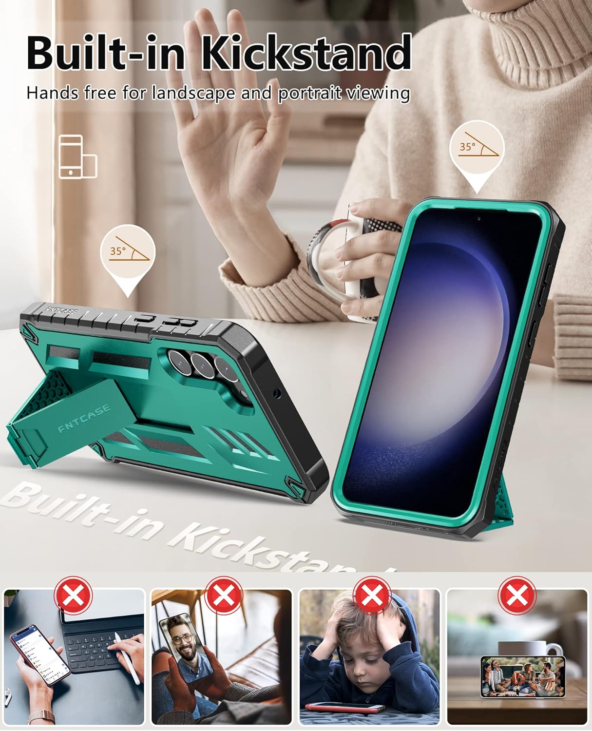 FNTCASE Funda para Samsung Galaxy S23+Plus funda protectora texturizada de doble capa y carcasa de TPU resistente con soporte  Protección contra