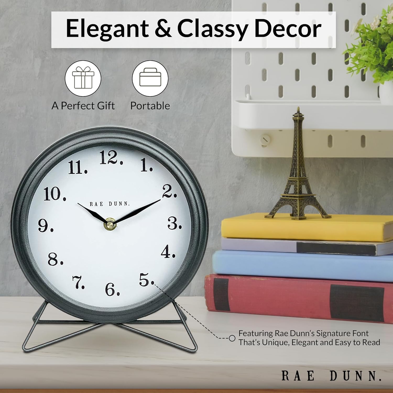 Rae Dunn Reloj de escritorio, funciona con pilas, diseño rústico moderno, mango superior para dormitorio, oficina, cocina, pequeña pantalla