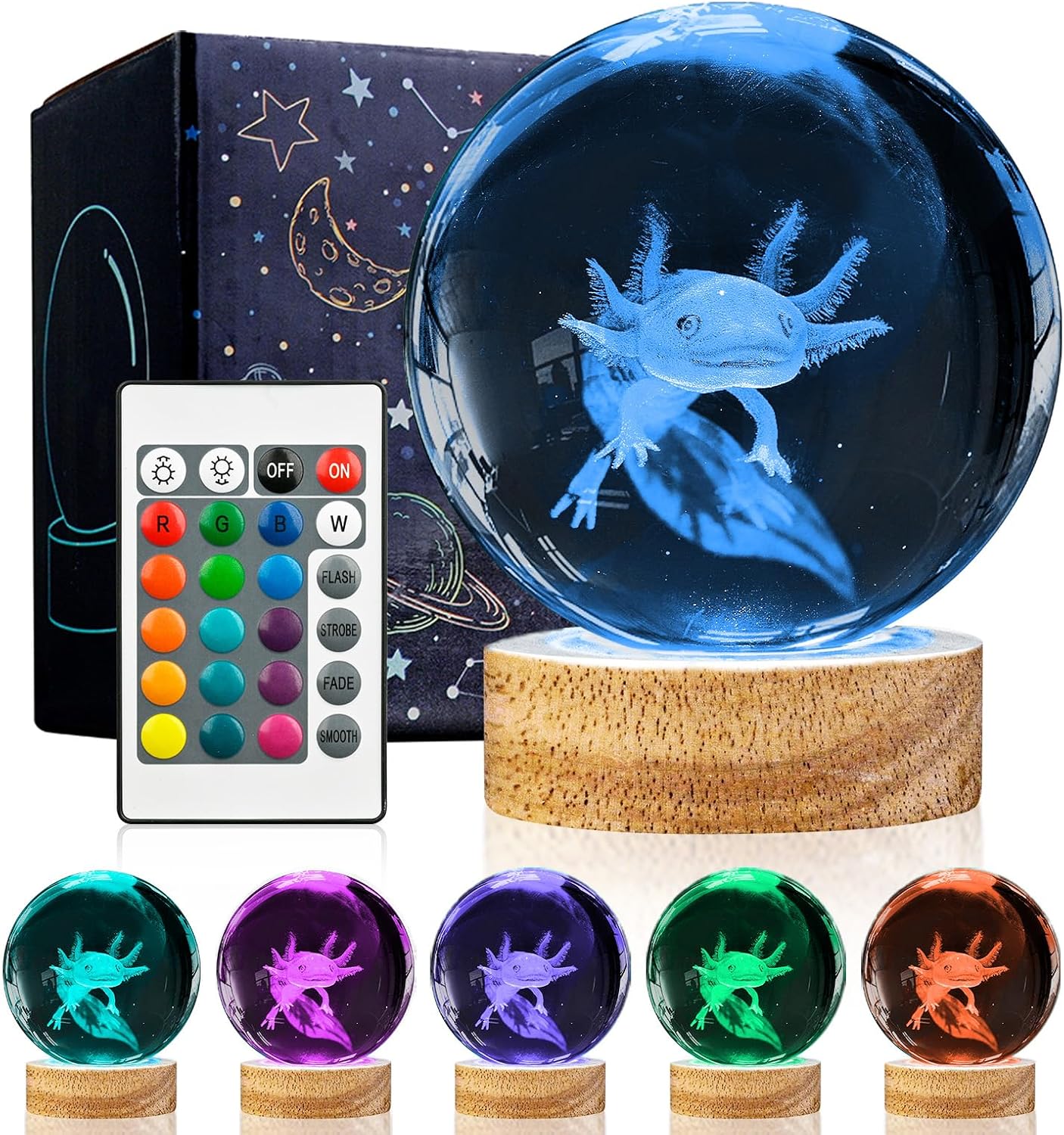 Luz nocturna de bola de cristal de ajolote 3D con control remoto, lámparas de bola de vidrio de ajolote de 3.15 pulgadas con base de madera LED de