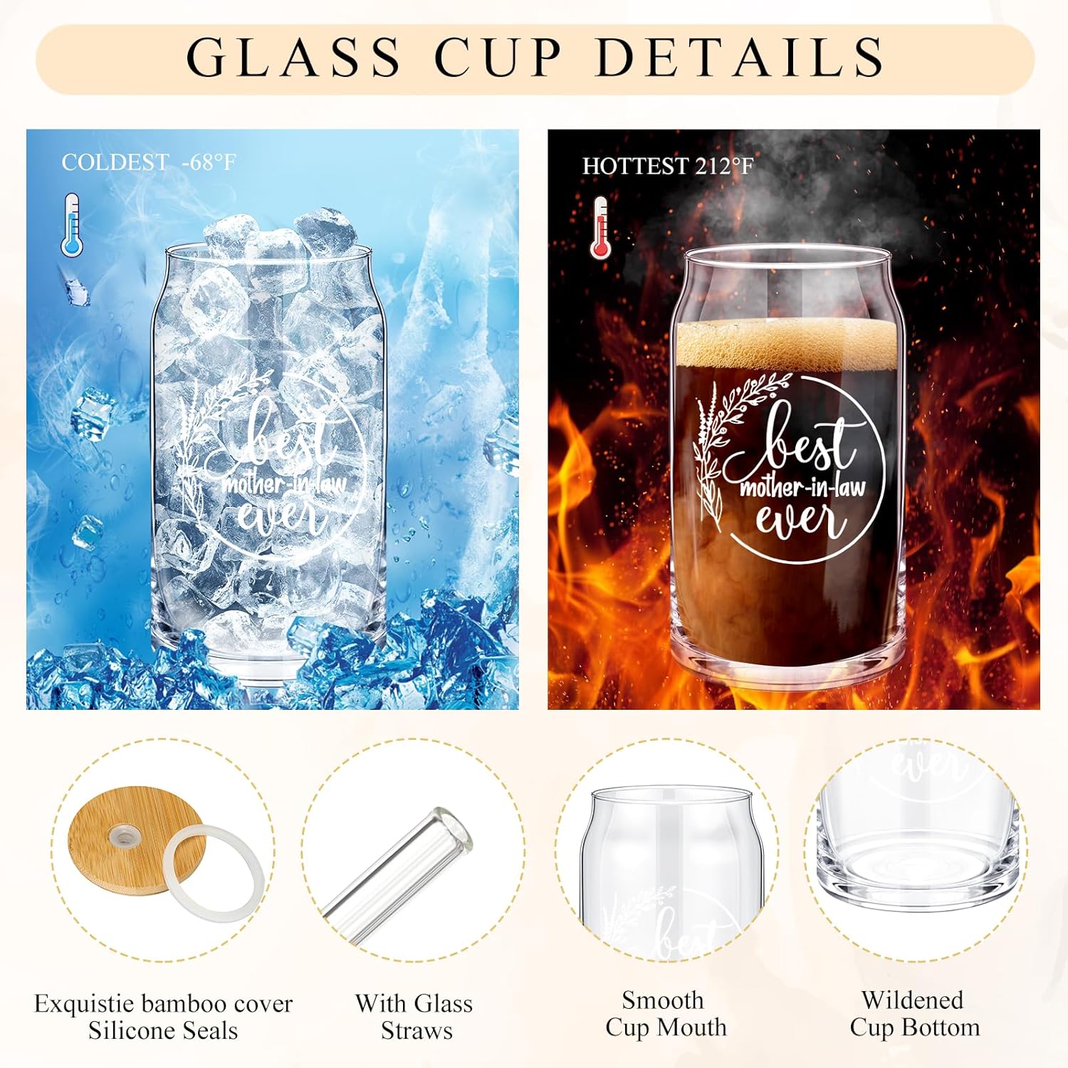 Nuanchu Juego de 5 piezas de regalo para la mejor mamá, taza de cristal de regalo para suegra con tapas de bambú y bolsa de maquillaje con pajita,