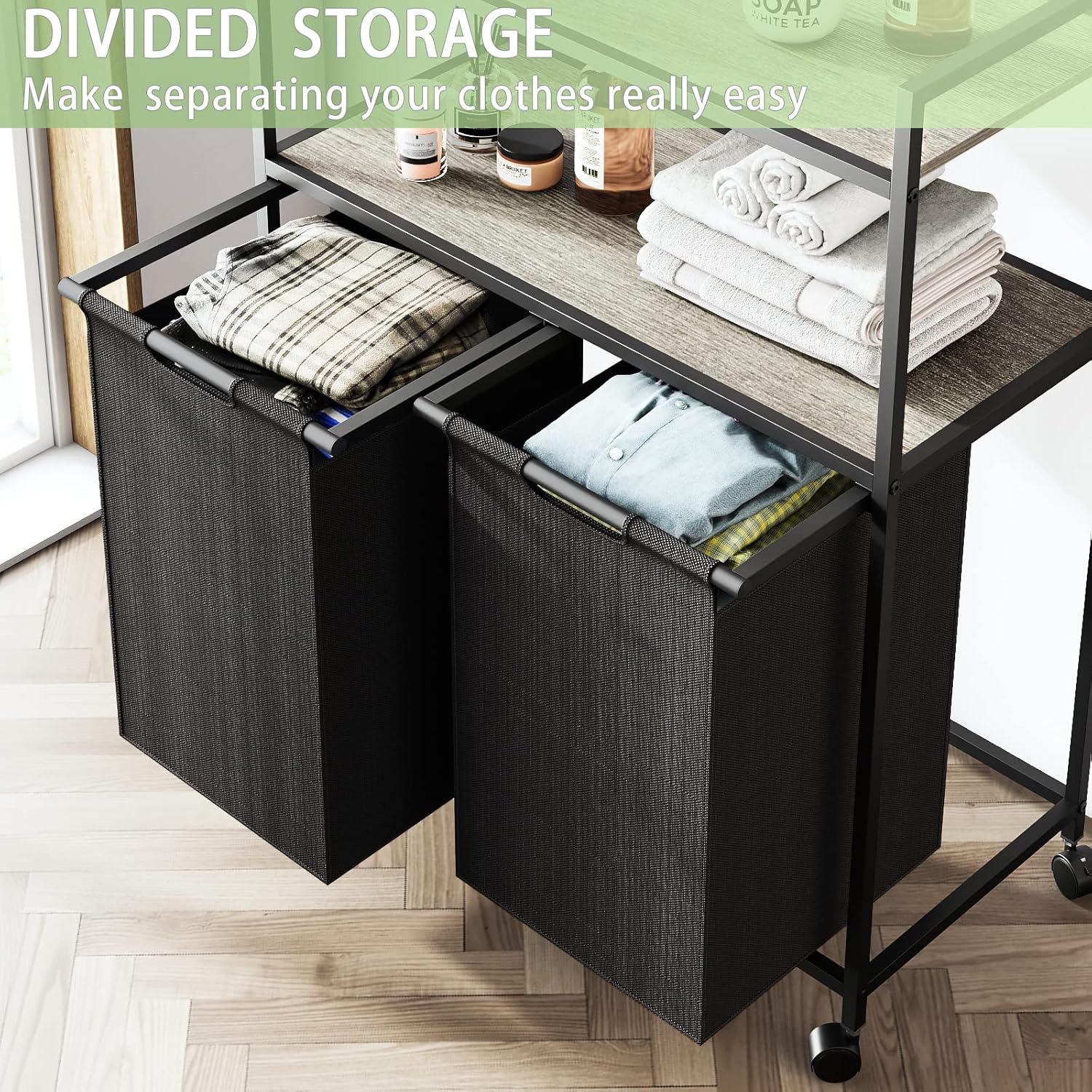 Huhaneon Cesta de lavandería con ruedas, cesta de lavandería, muebles de baño con 2 bolsas extraíbles y extraíbles, 2 estantes, capacidad de 12