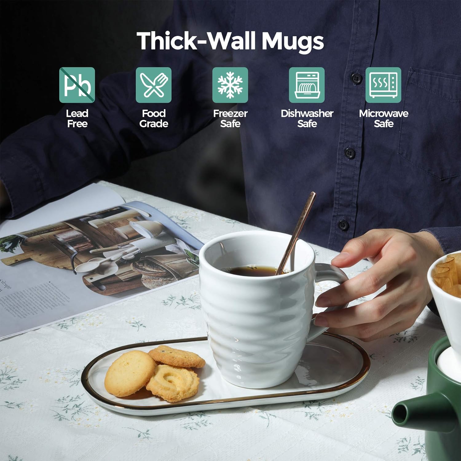 ComSaf Juego de 6 tazas de café de cerámica, taza de café grande de 15 onzas, taza de té para oficina y hogar, taza de porcelana con asa para