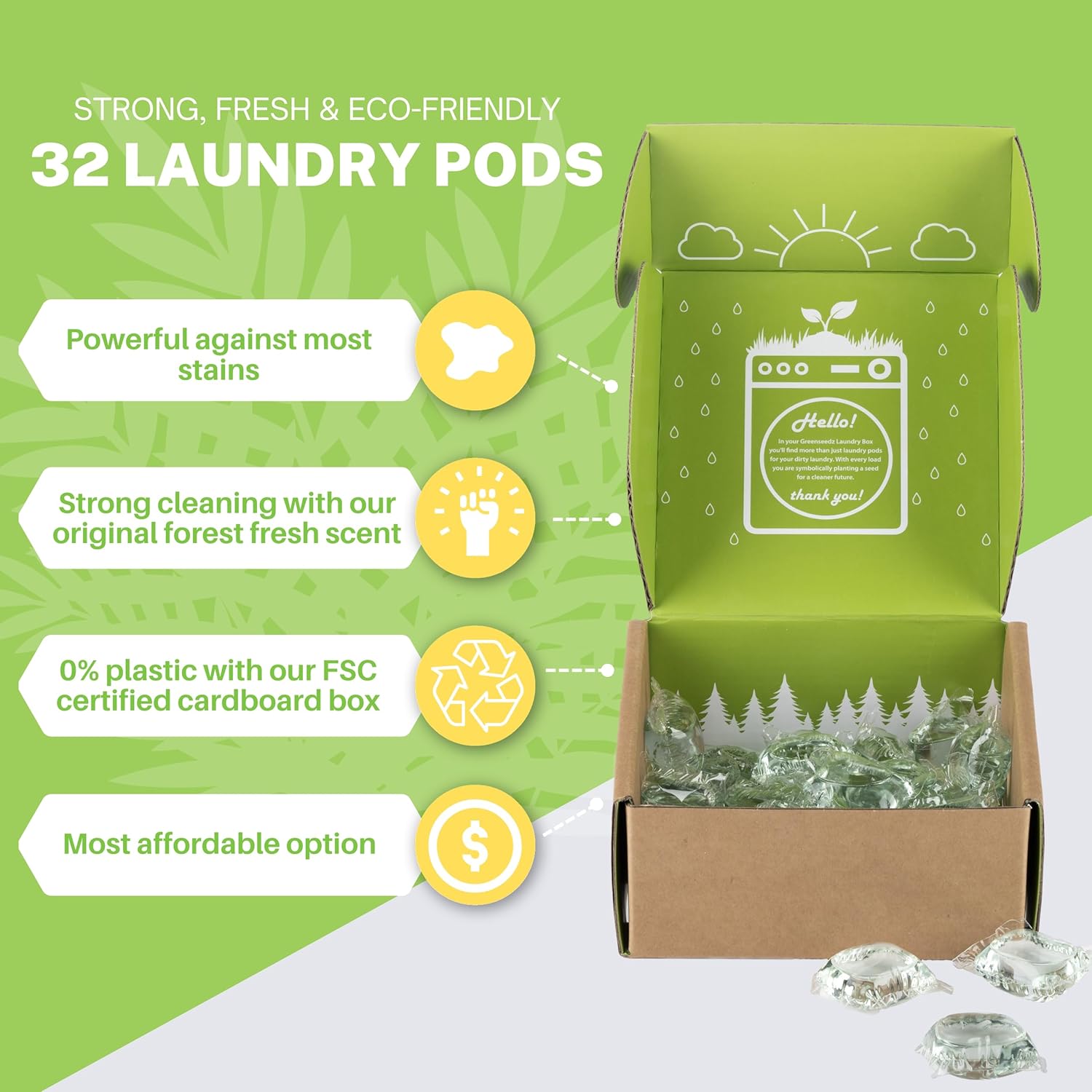 Greenseedz Cápsulas de detergente ecológico 5 en 1  Limpieza ultra fuerte  Aroma de bosque fresco  32 cápsulas  Para todas las máquinas (HE)