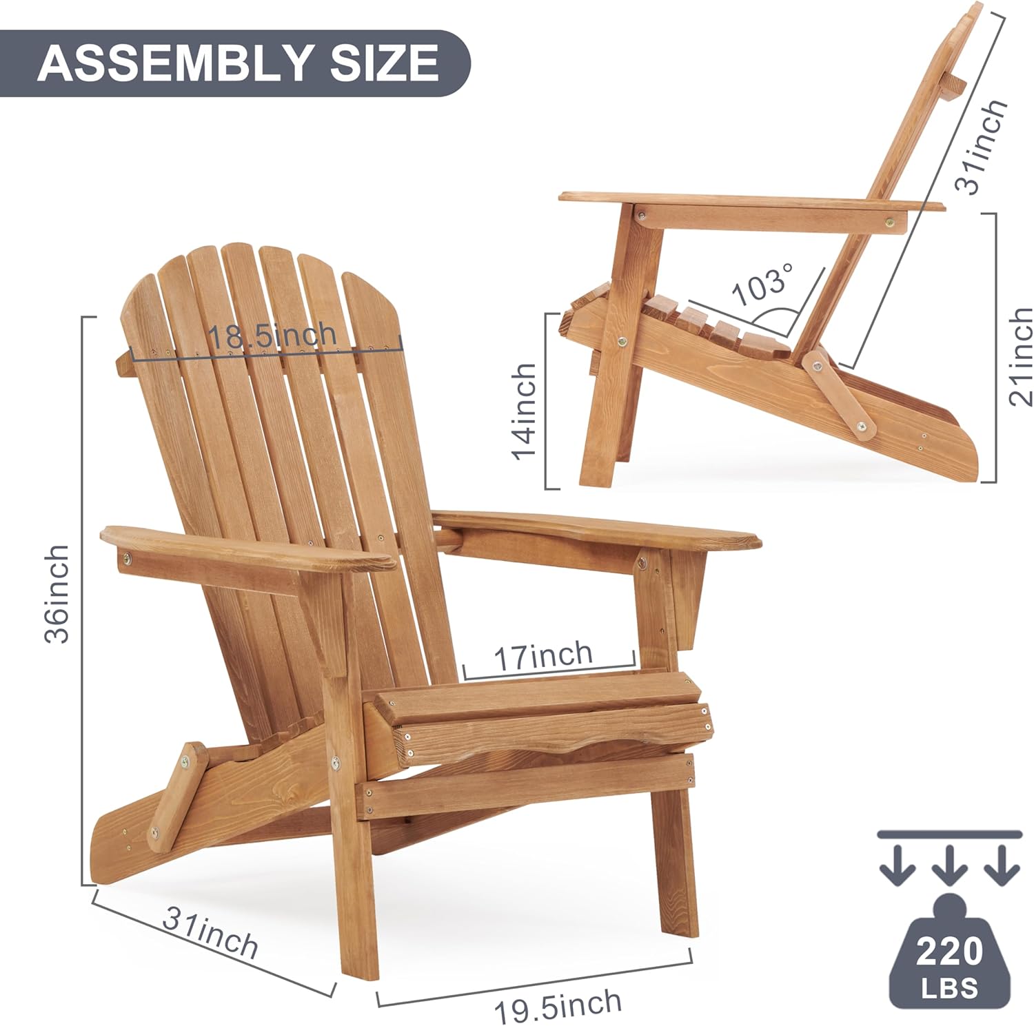 Silla Adirondack plegable de madera para exteriores con respaldo premontado, silla de patio de madera para jardín, patio trasero, porche, piscina,