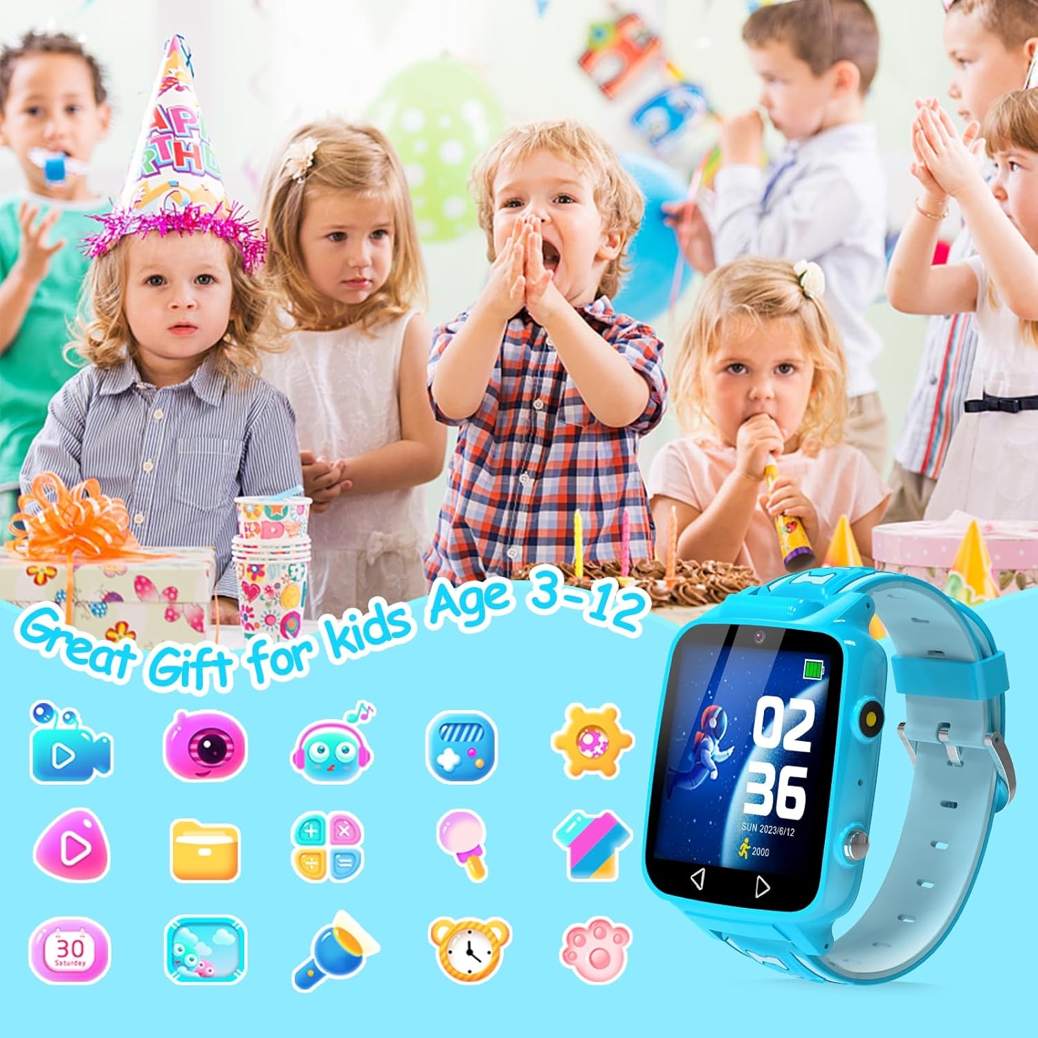iGeeKid Reloj inteligente para niños con 25 juegos de rompecabezas, calculadora de video, pantalla táctil HD, reloj despertador, podómetro, relojes
