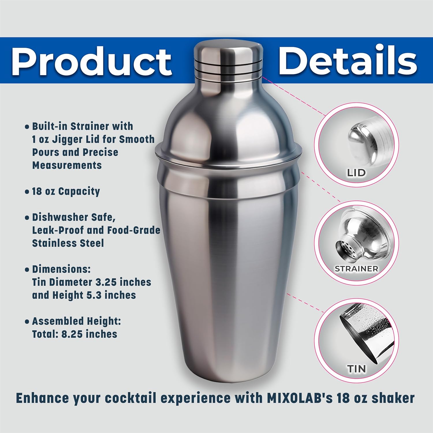 Mixolab Coctelera, coctelera de Martini, coctelera de bar, acero inoxidable 188 (18 oz)