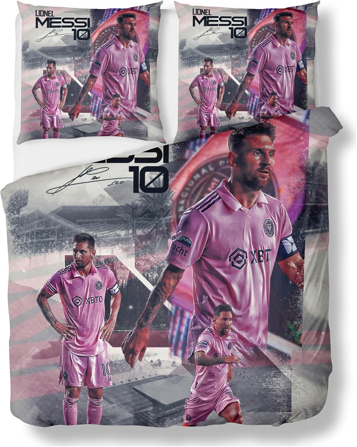 Juego de funda de edredón de fútbol Miami para niños, tamaño matrimonialqueen, 3 piezas, ropa de cama rosa ultra suave, juego de funda de edredón de