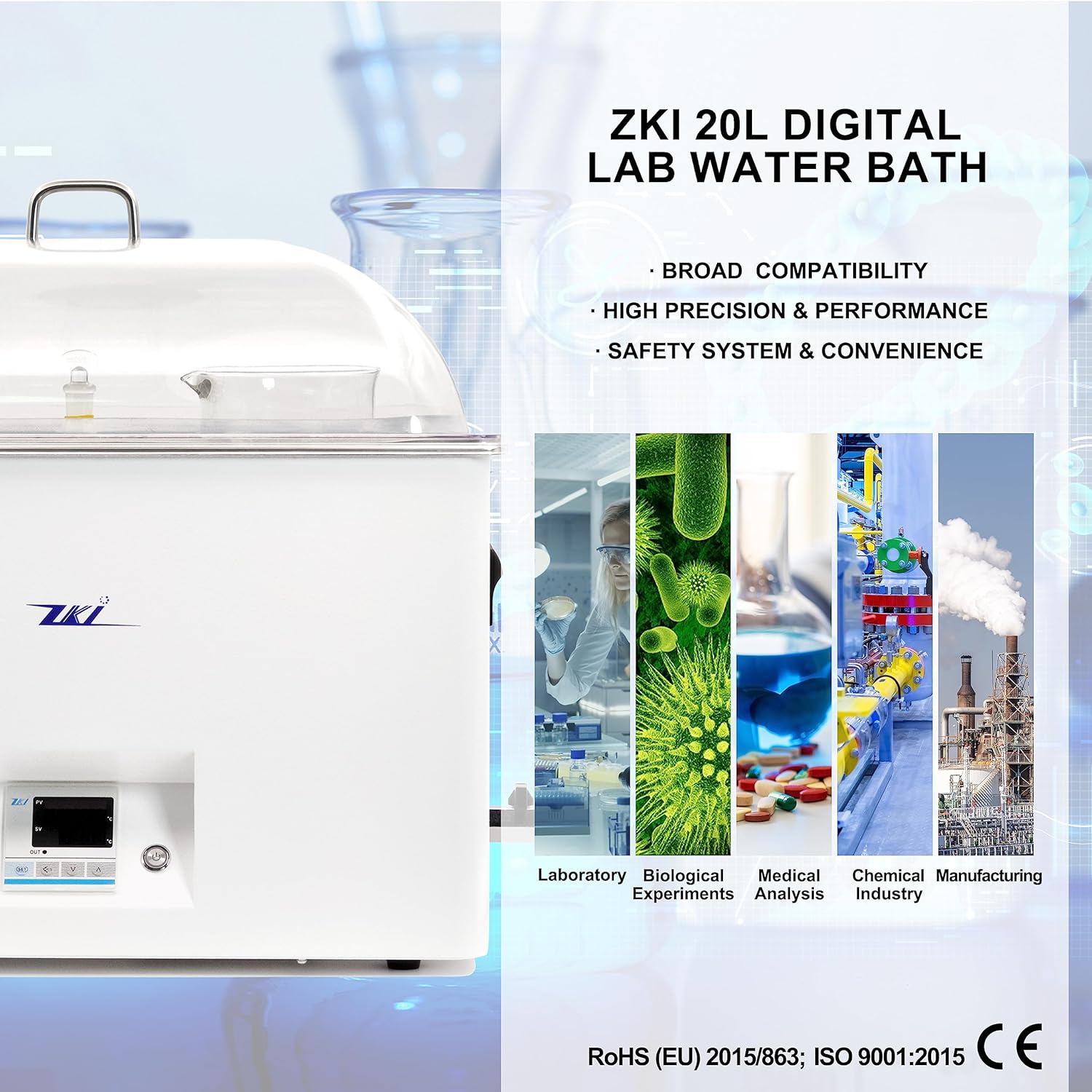 Baño de agua de laboratorio digital de 20 L, 110 V1500 W, precisión de  32.4 F y resolución de 32.2 F, tanque de acero inoxidable duradero con 14