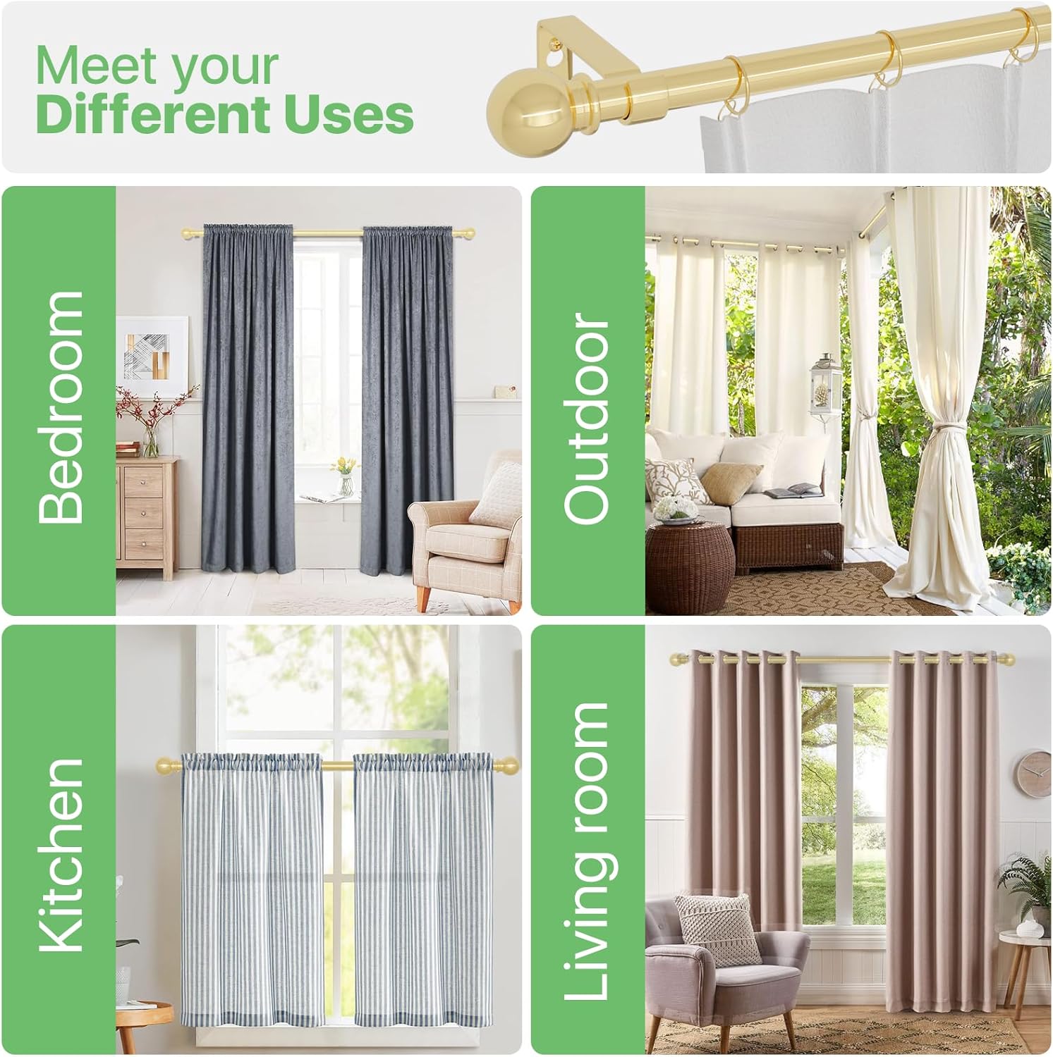 Barras de cortina doradas, barras de cortina ajustables para ventanas de 28 a 48 pulgadas, juego de barras de cortina de metal pulido resistente con