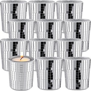 12 velas votivas de bola de discoteca plateadas, jarrón de bola de discoteca para centro de mesa, espejo de cristal, portavelas de bola de discoteca 12 velas votivas de bola de discoteca plateadas, jarrón de bola de discoteca para centro de mesa, espejo de cristal, portavelas de bola de discoteca