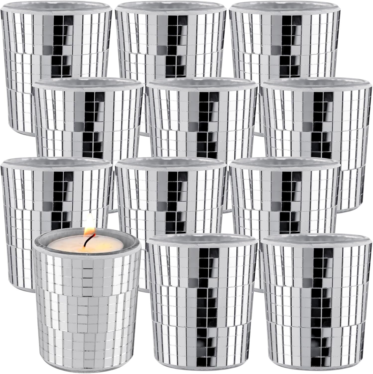 12 velas votivas de bola de discoteca plateadas, jarrón de bola de discoteca para centro de mesa, espejo de cristal, portavelas de bola de discoteca