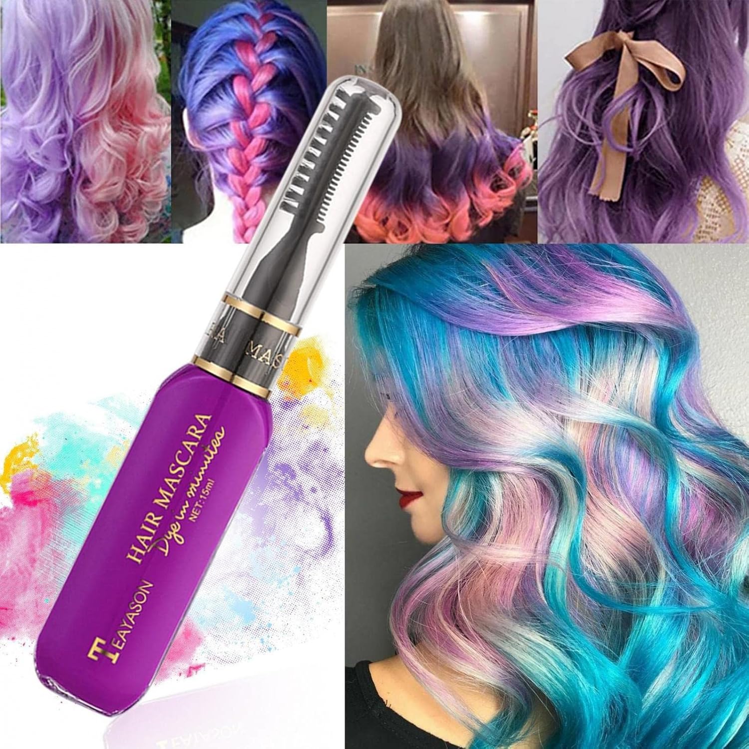 Juego de peines de tiza temporal para el cabello, máscara de tiza lavable para niñas y niños para Navidad, fiesta de cumpleaños, cosplay