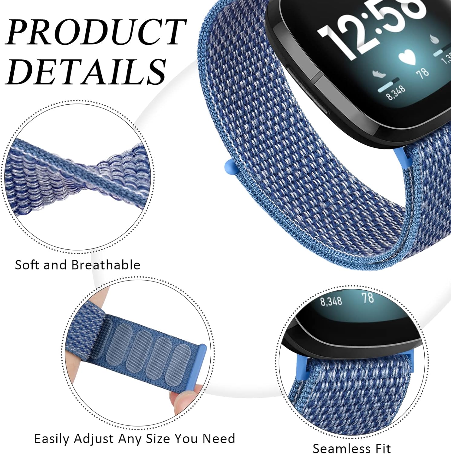 Vancle Bandas de nailon para Fitbit Versa 4, Fitbit Sense 2, Fitbit Versa 3, bandas Fitbit Sense, correas de repuesto ajustables suaves y