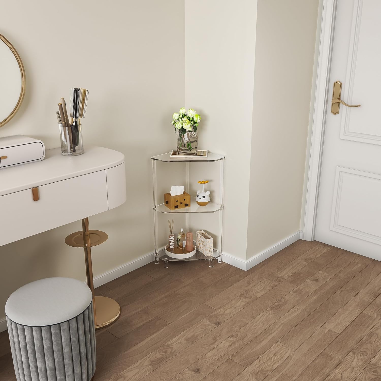 Eglaf Mesa auxiliar de esquina de acrílico, mesa auxiliar triangular de 3 niveles, mesa auxiliar pequeña para sala de estar, dormitorio, baño, 11.8