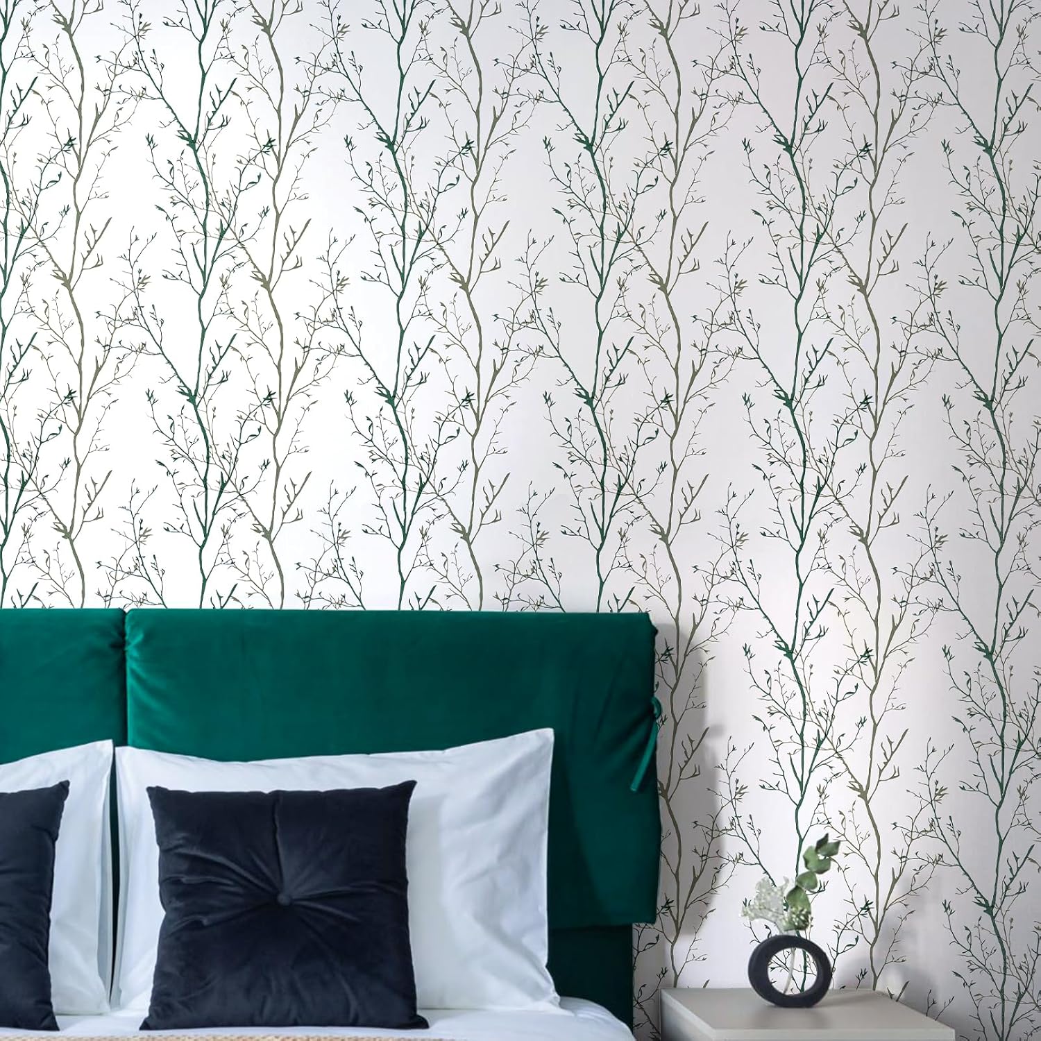 Melwod Papel tapiz de ramas de árbol verde, 17.7 x 472 pulgadas, papel tapiz moderno de ramas de árbol, papel tapiz floral, autoadhesivo, extraíble,