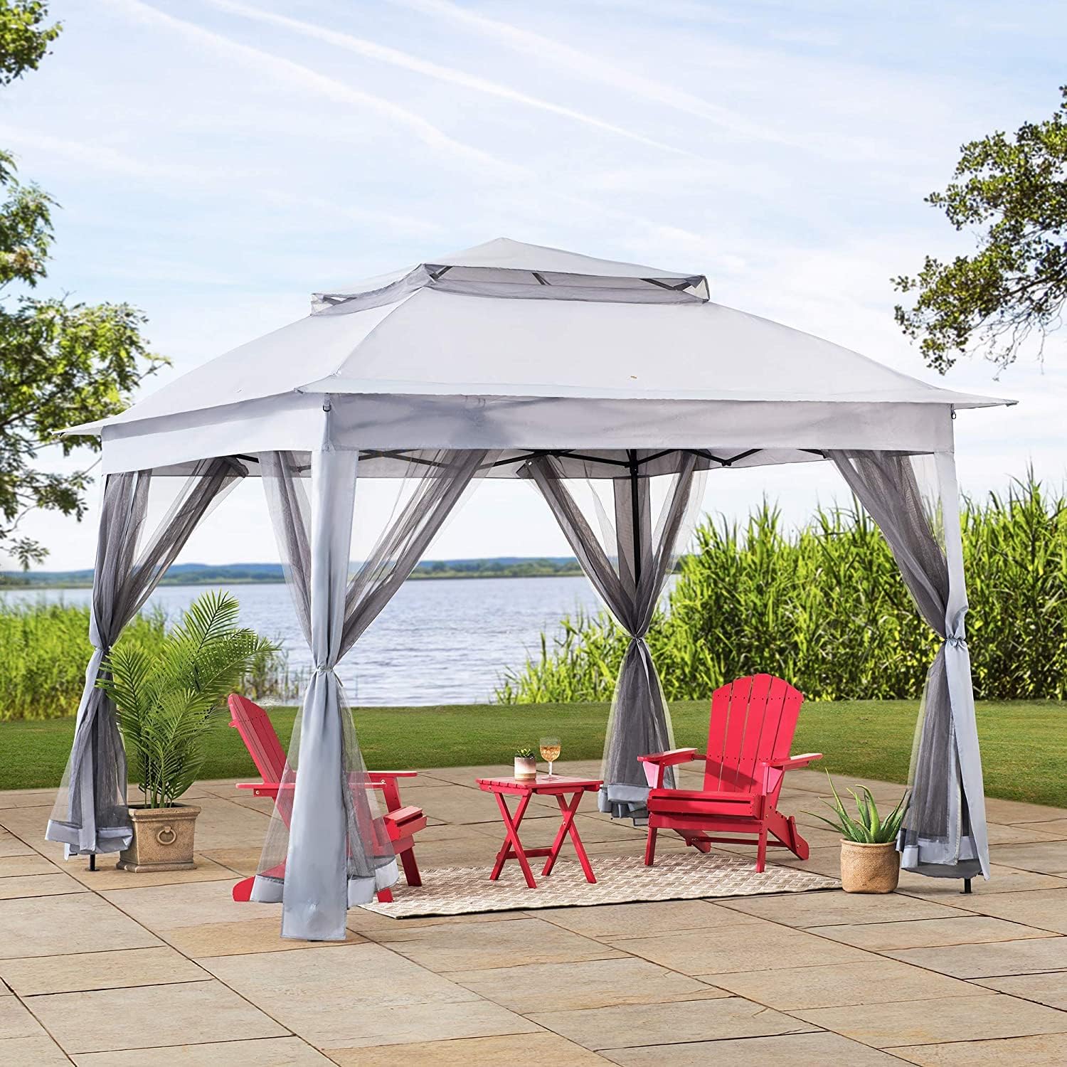 Sunjoy Cenador instantáneo desplegable de 11 x 11 pies, marco de acero portátil para exteriores, toldo superior de 2 niveles con malla y bolsa de