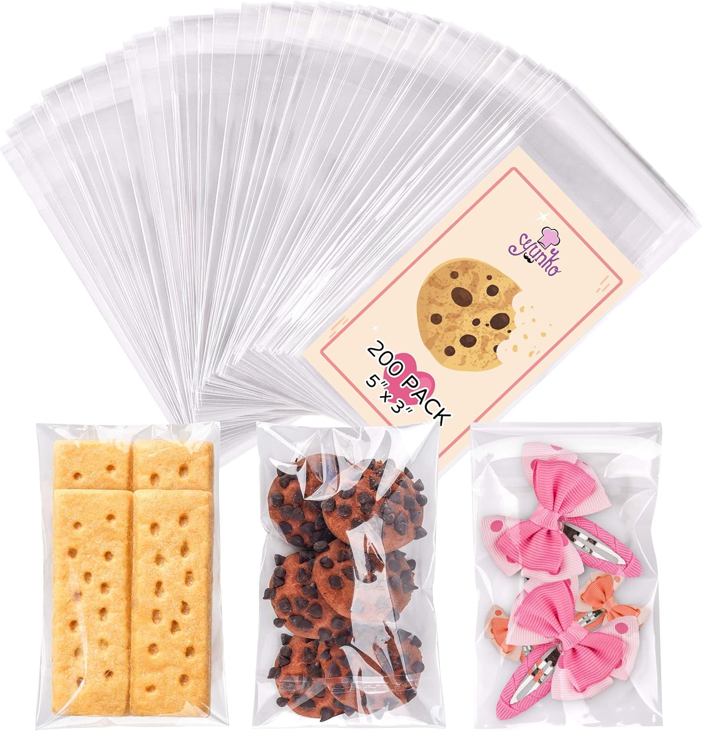 YunKo Paquete de 100 bolsas de celofán autosellantes, bolsas transparentes para galletas para regalo, bolsa para empacar galletas, dulces, regalos