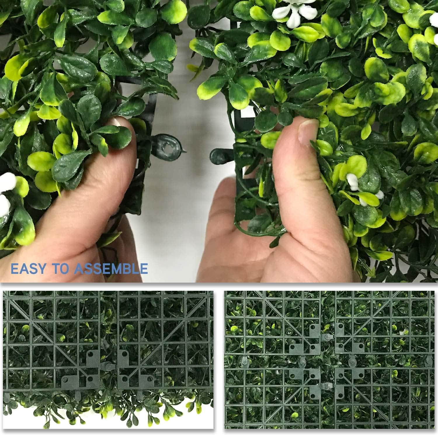 E&K Panel de valla de plantas artificiales de 20 x 20 pulgadas, hojas sintéticas, césped, panel de privacidad para interiores y exteriores (jazmín