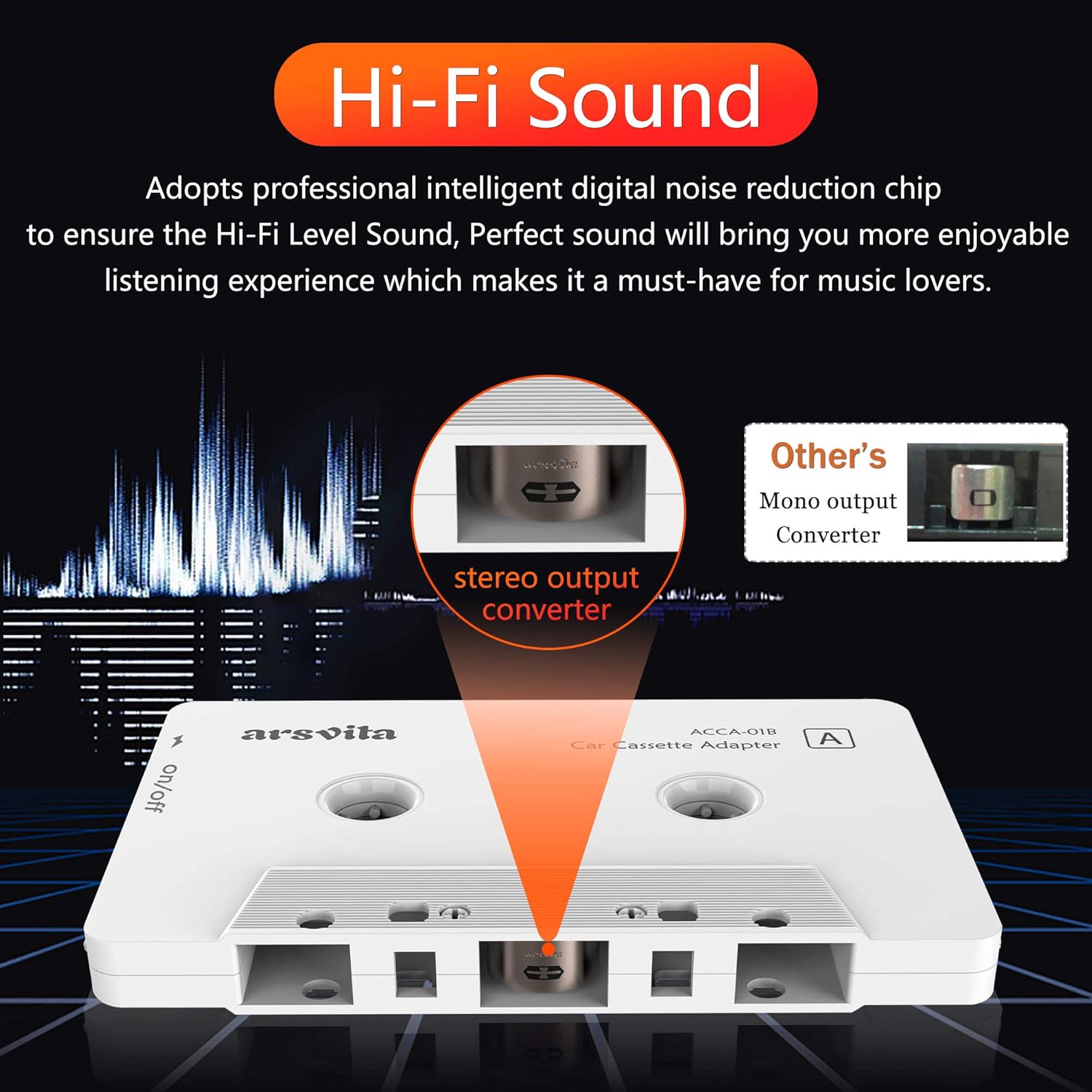 Arsvita Adaptador de casete Bluetooth de audio para coche, reproductor de cinta Bluetooth 5.0 adaptador auxiliar de casete, blanco