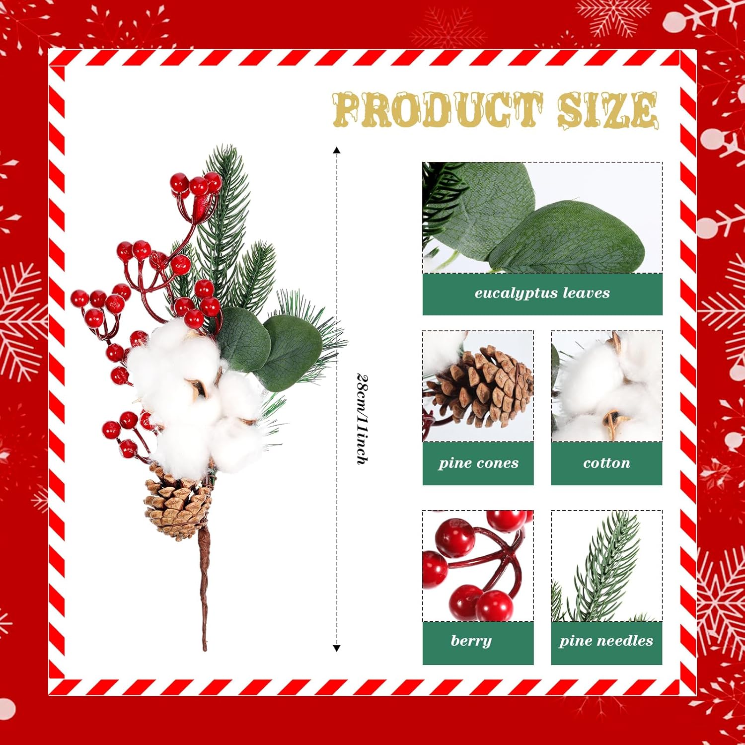 12 púas de pino nevado de Navidad, púas de bayas rojas, púas artificiales de pino de acebo, bayas falsas, conos de pino para manualidades de