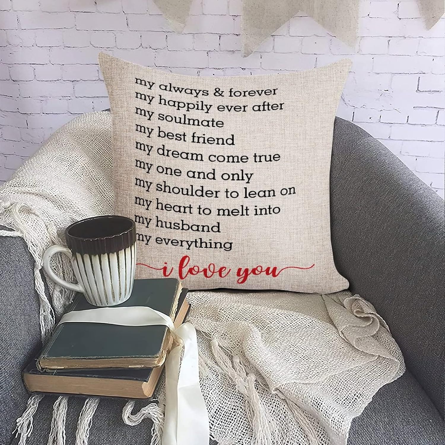 Inspirational Family Quote My Always & Forever My Happily Ever After My Soulmate Modern Accent Decorative Pillow Cotton Linen Decor Decorations for