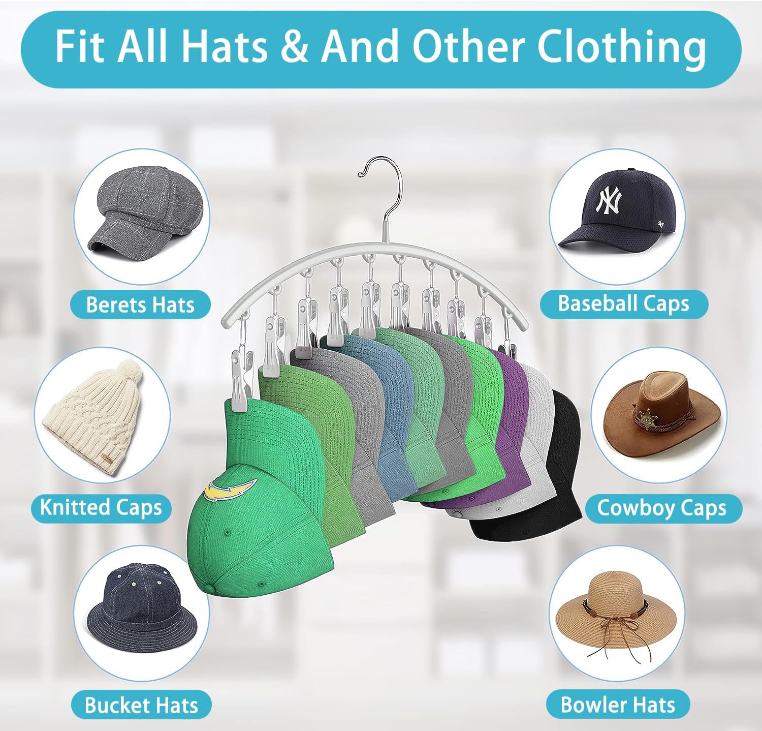 Hat Racks for Closet, Metal Hat Organizer Racks for Baseball Caps 2 Pack Door Hat Racks for Baseball Caps with 10 Large Clips, Baseball Hat Holder