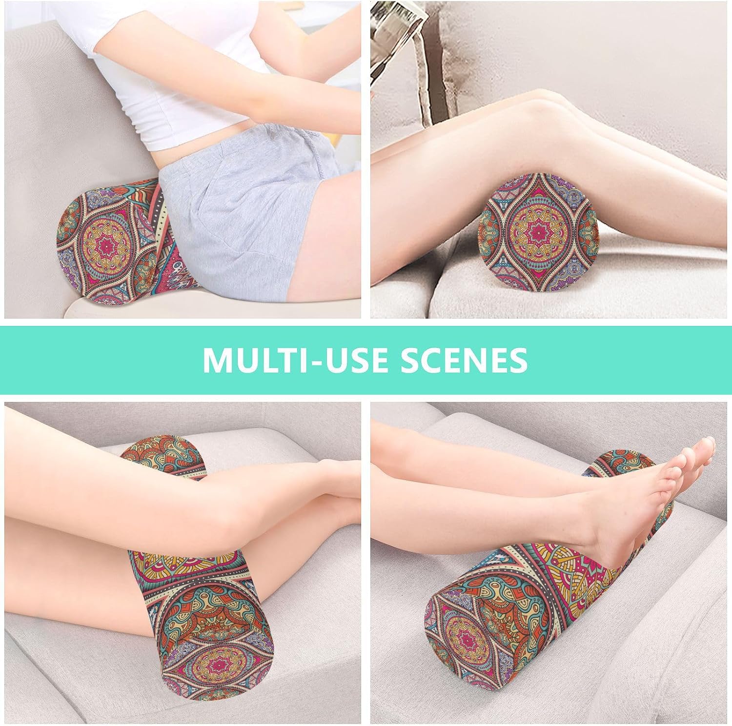 Kigai Almohada cervical para aliviar el dolor de cuello, mandala bohemio, rollo de espuma viscoelástica, almohada cervical redonda para piernas,