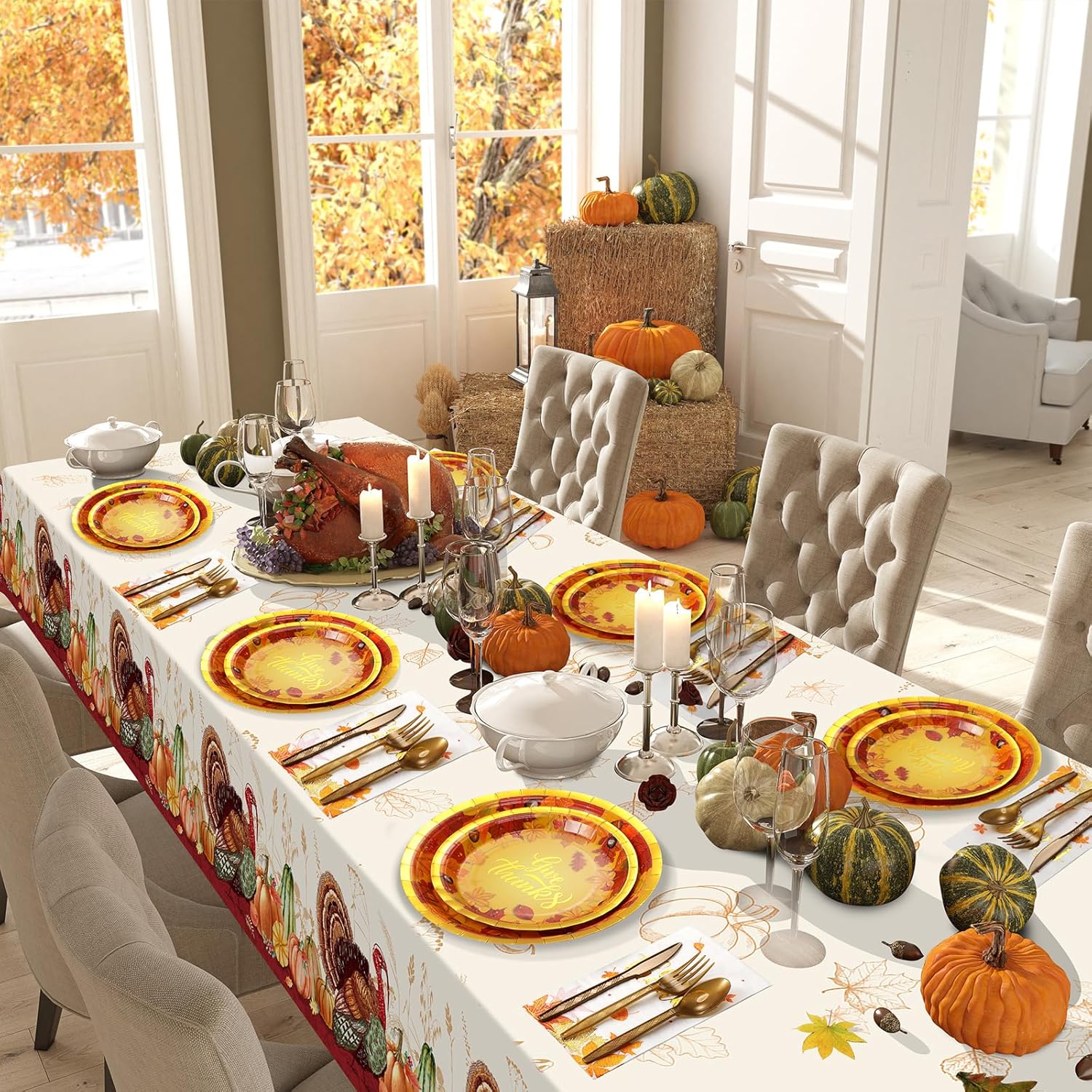 Juego de platos y servilletas de Acción de Gracias, suministros de fiesta de otoño con hojas de arce de otoño, vajilla desechable, platos de papel,