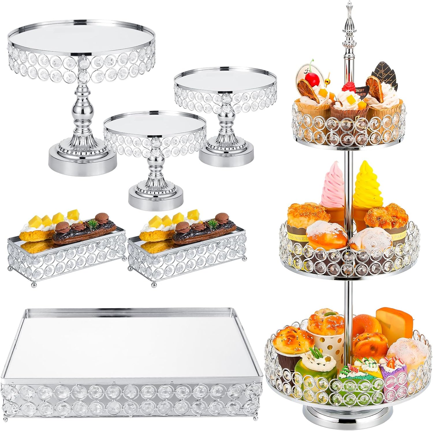 Tioncy Juego de 7 soportes para tartas con espejo de cuentas de cristal, soportes de mesa de postres de metal para mesa de postres y cupcakes para
