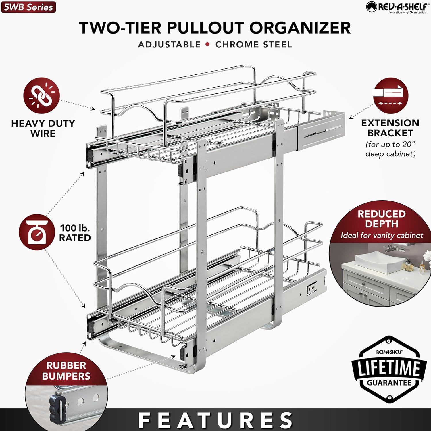 Rev-A-Shelf – Organizador de cocina de 2 niveles, cesta de alambre de almacenamiento en armario, cromo