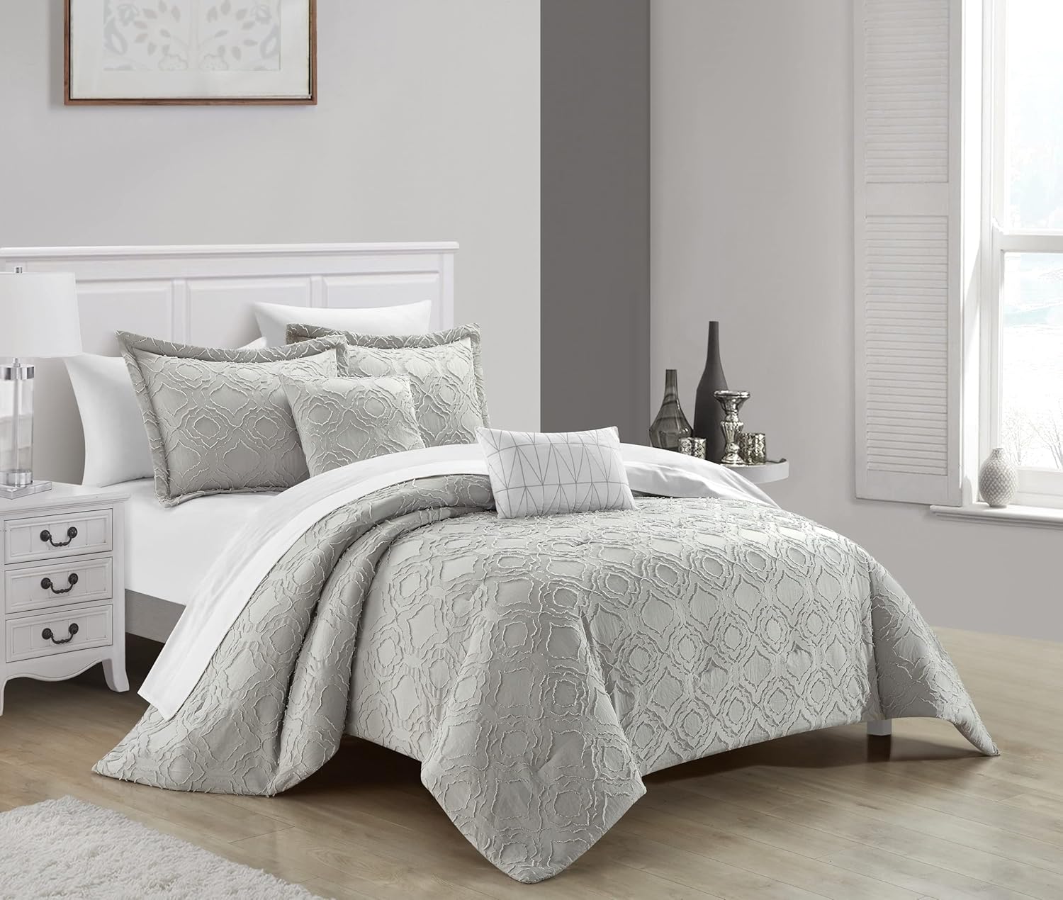 Chic Home Jane – Juego de edredón de 5 piezas con clip, diseño geométrico de cuadrifolio jacquard, fundas de almohada decorativas incluidas, King,