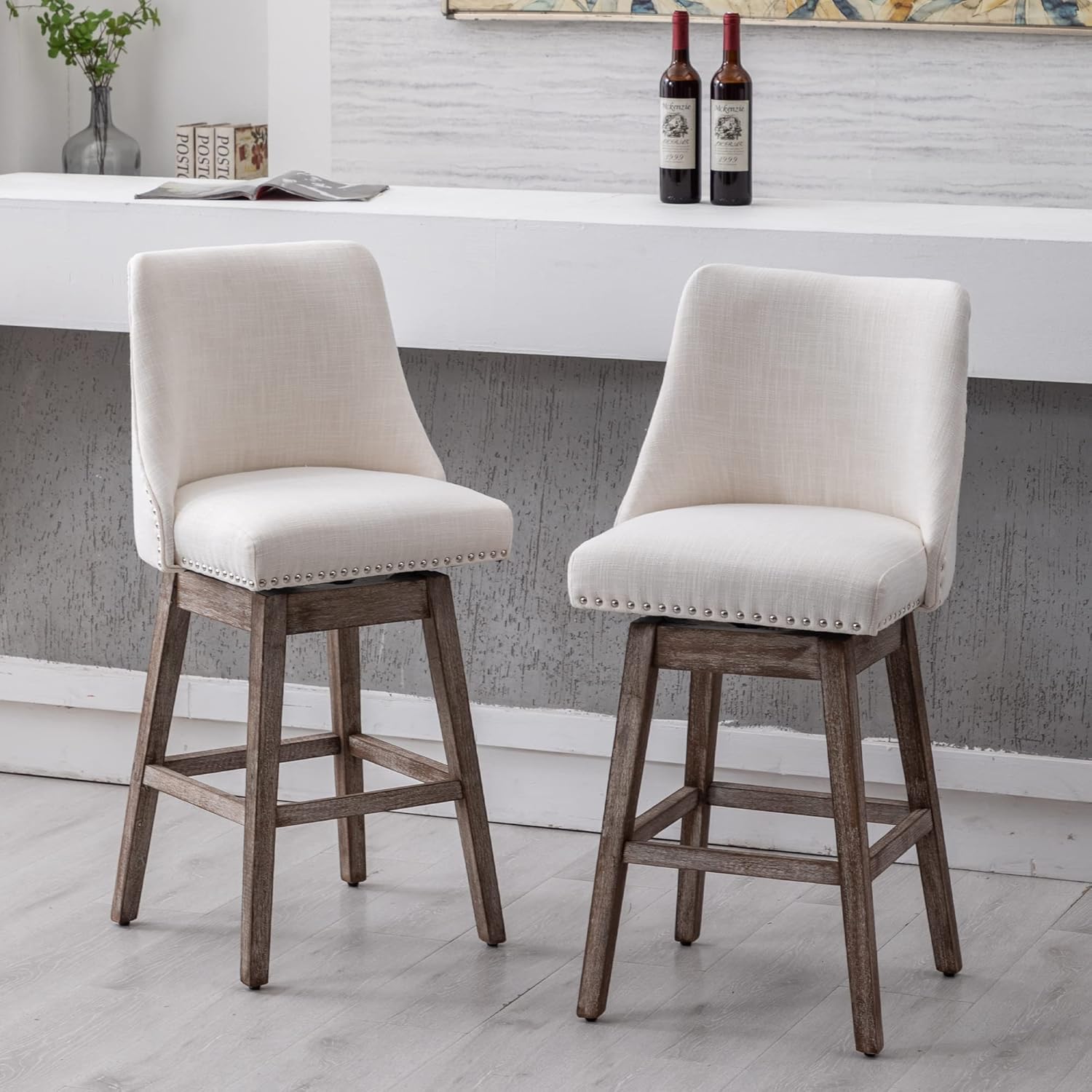 DM Furniture Taburetes de bar de 27.5 pulgadas de altura de mostrador, taburetes de cocina modernos de lino con patas traseras de madera, taburetes