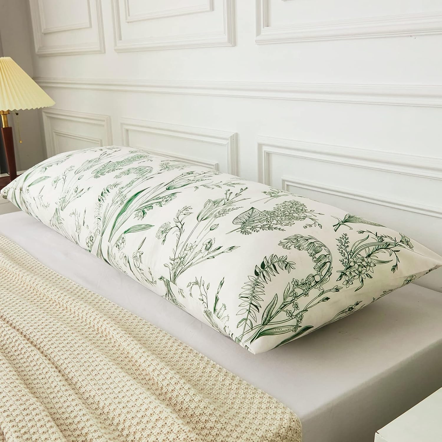 Funda de almohada corporal de flores verdes de 20 x 54 pulgadas, funda de almohada corporal de ramas verdes oscuras, flores, funda de almohada de