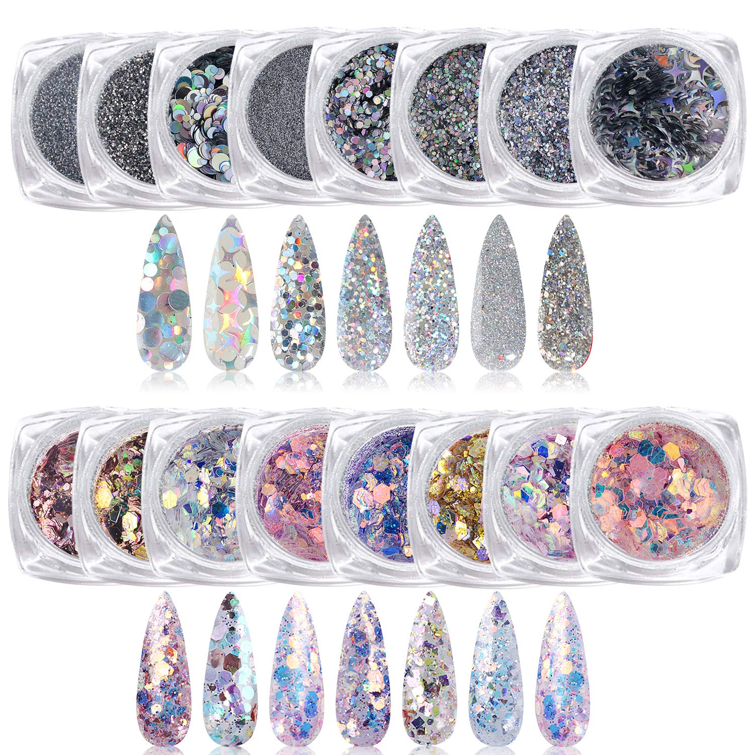 Lentejuelas holográficas con purpurina para uñas, 16 cajas de suministros de arte de uñas, copos 3D, polvo acrílico brillante, polvo plateado,