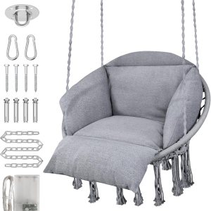 Silla colgante, hamaca de macramé, silla colgante con cojín de gran tamaño y accesorios de montaje, silla columpio tejida a mano para dormitorio, Silla colgante, hamaca de macramé, silla colgante con cojín de gran tamaño y accesorios de montaje, silla columpio tejida a mano para dormitorio,