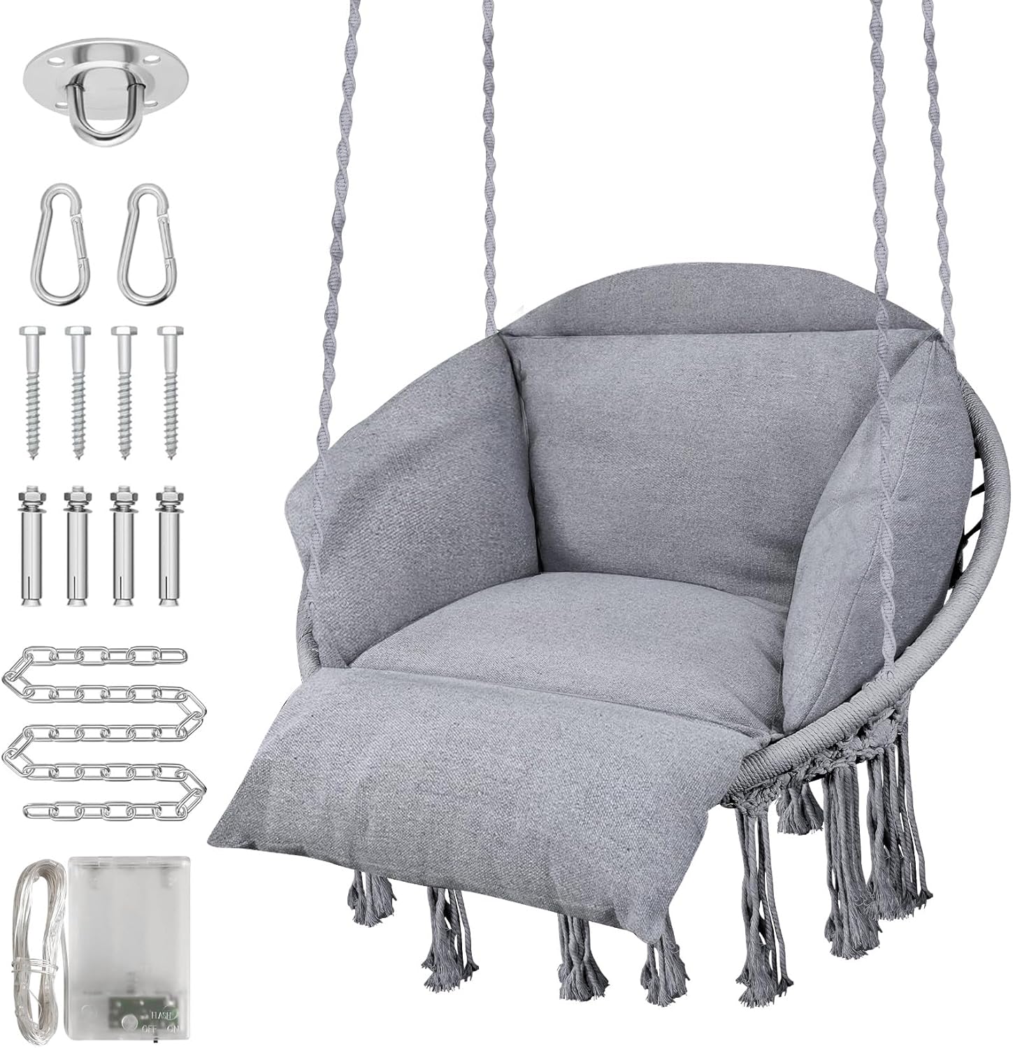Silla colgante, hamaca de macramé, silla colgante con cojín de gran tamaño y accesorios de montaje, silla columpio tejida a mano para dormitorio,