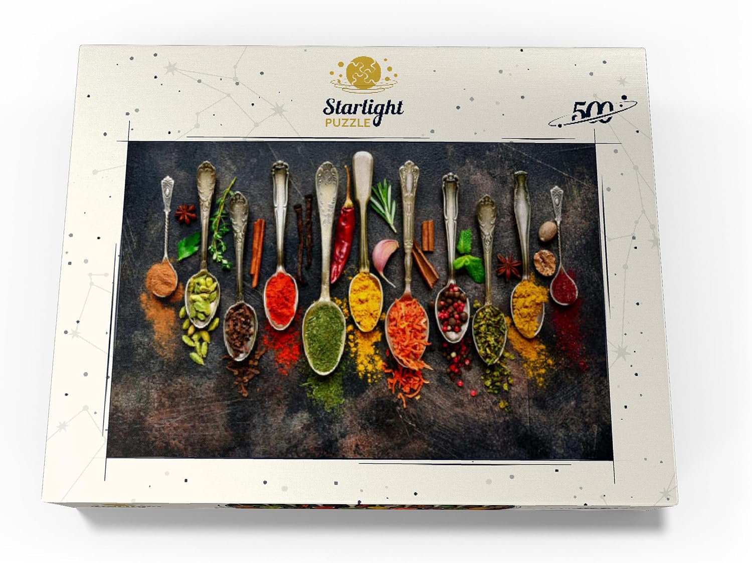 MyPuzzle – Surtido de especias naturales en cucharas vintage en pizarra oscura, rompecabezas prémium de 500 piezas para adultos