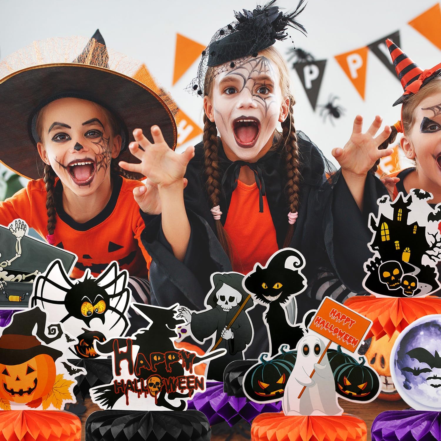 9 piezas de centros de mesa de panal de abeja de Halloween, centros de mesa de abejas para decoración de mesa de fiesta de Halloween, suministros de