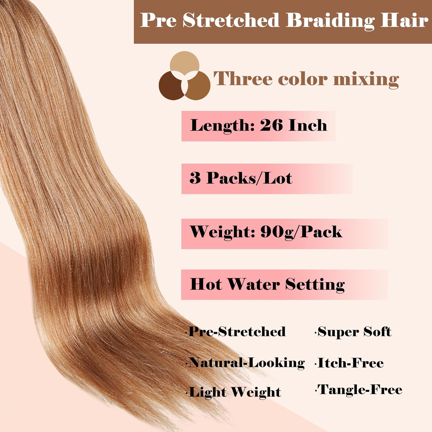 Cabello trenzado preestirado de 26 pulgadas, cabello largo dorado, 3 tonos, mezcla de 3 tonos, extensiones de cabello trenzado profesional de fibra