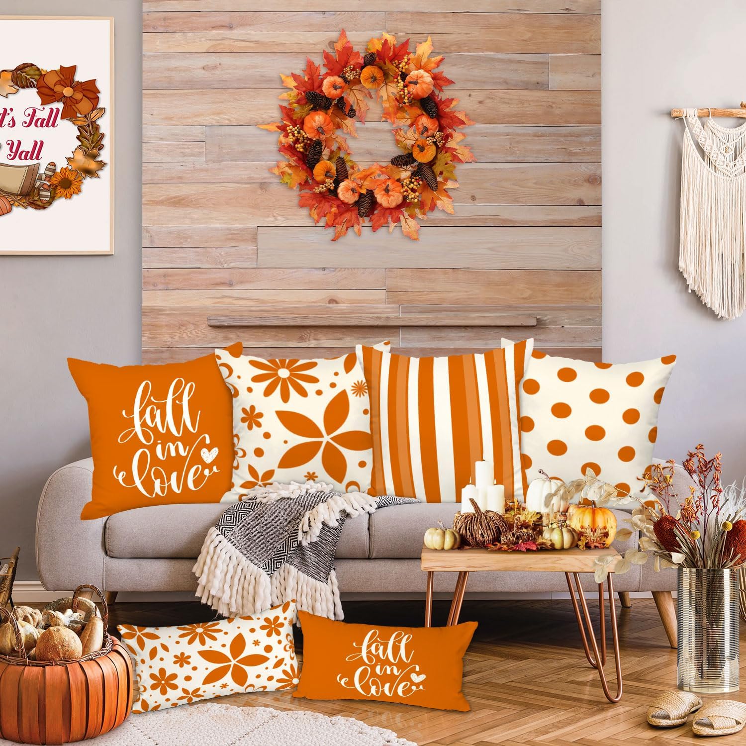 Ywlake Juego de 4 fundas de almohada de otoño de 16 x 16 pulgadas, fundas decorativas de cojín de 16 x 16 pulgadas, fundas de almohada otoñales de