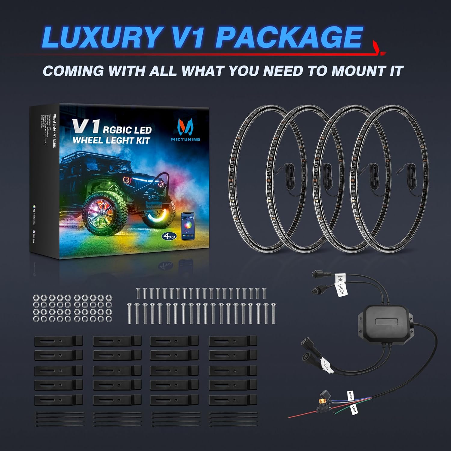 MICTUNING Kit de luces de anillo de rueda de color V1 RGB+IC de 15 pulgadas con control de aplicación, luces de neón de doble fila de luces de