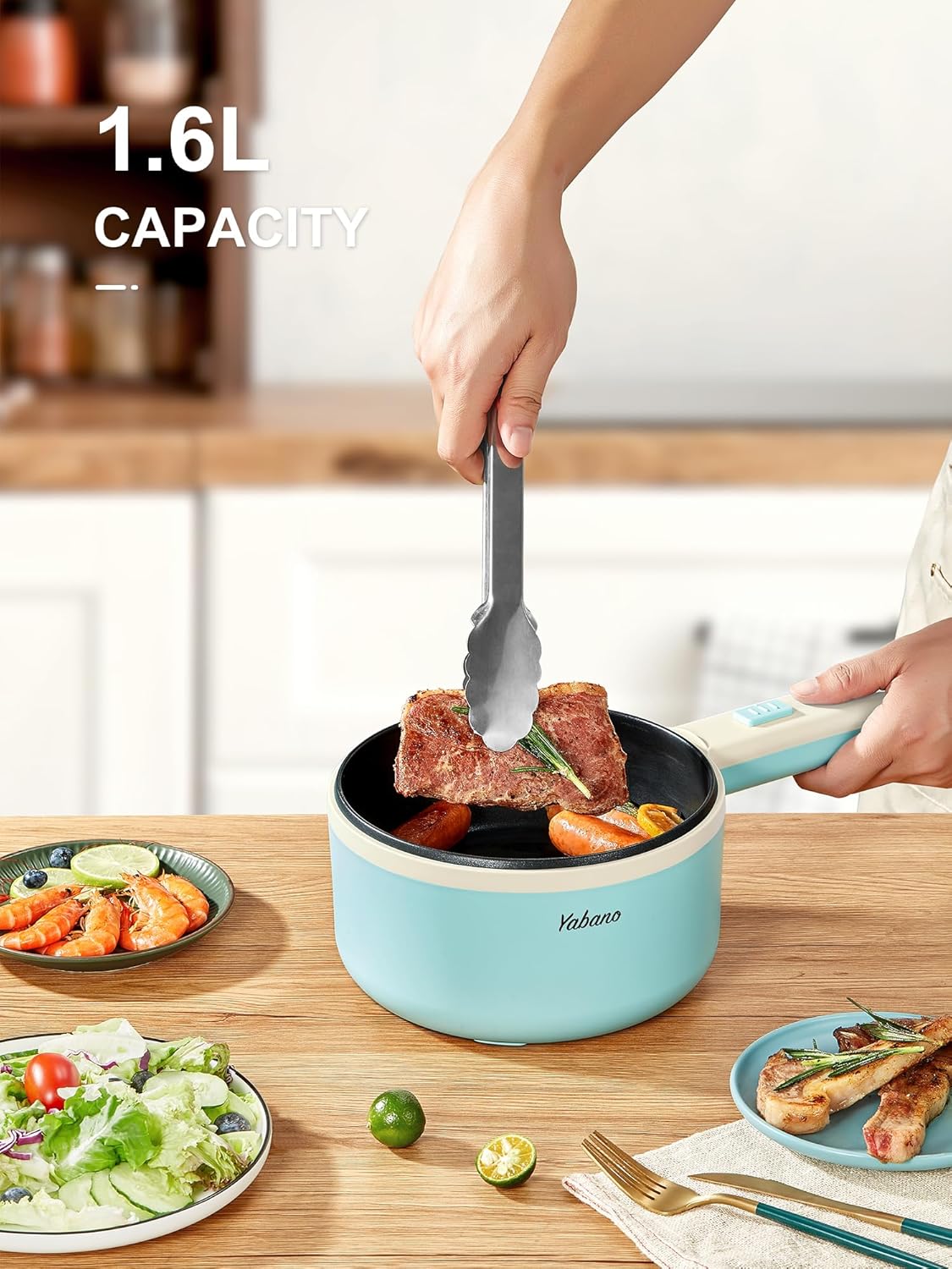 Yabano Olla eléctrica, olla eléctrica antiadherente de 850 W con vaporizador, olla de fideos de 1.6 L con control de potencia doble, olla portátil