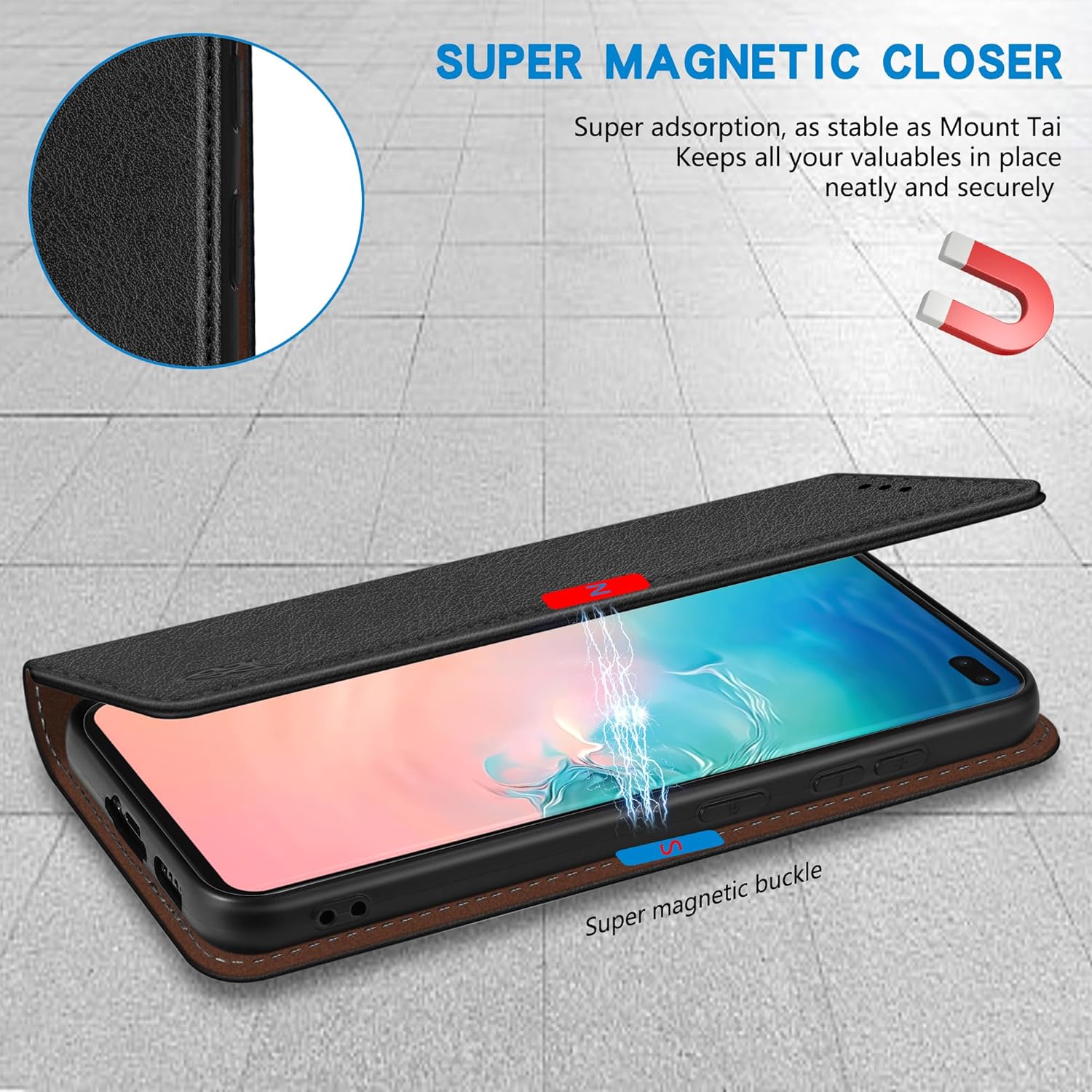 ZZXX Funda tipo cartera para Samsung Galaxy S10 Plus con bloqueo RFID, soporte de ranura para tarjetas, funda protectora de cuero magnético fuerte